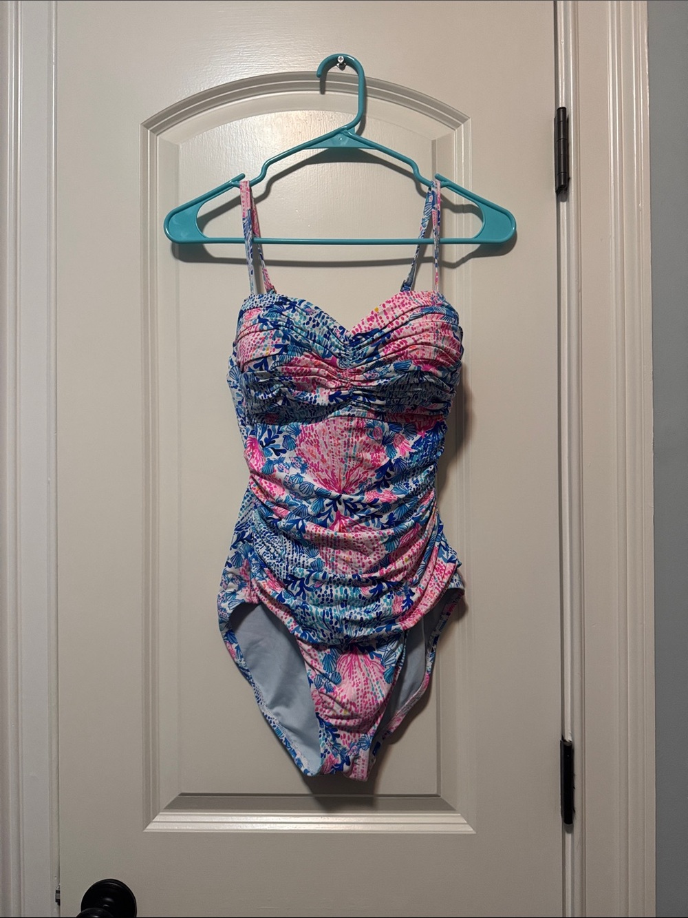 Lilly Pulitzer Pink & Blue Floral Ruched Sweetheart One-Piece Swimsuit